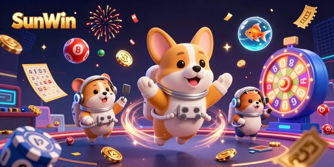 Experience thrilling gaming with SunWin as an astronaut corgi floats in a dynamic casino atmosphere.