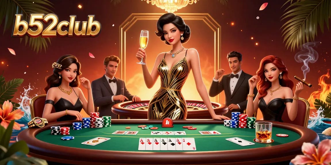 Experience thrilling gameplay at b52club with a glamorous scene showcasing poker excitement and elegant gaming ambiance.