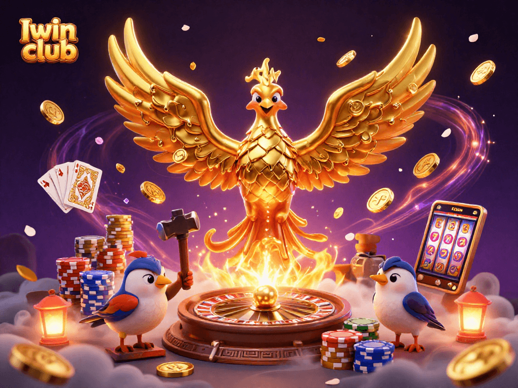 Iwin club brings luck with a vibrant phoenix and casino elements in a rich 3D scene