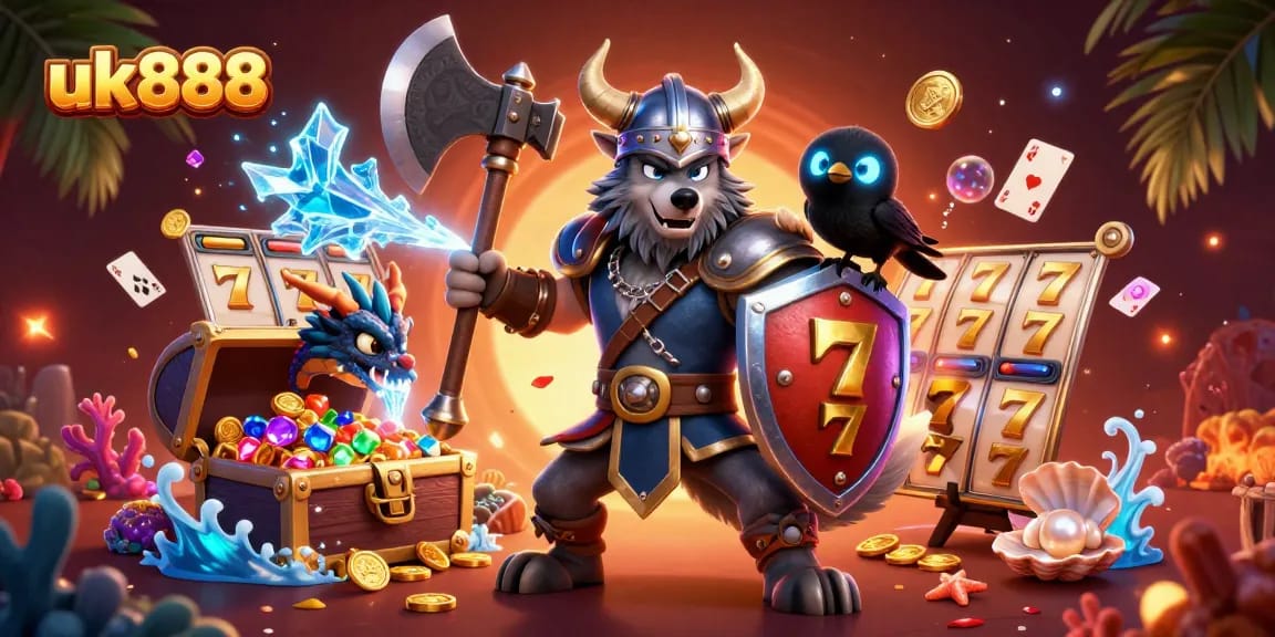 Join the adventure with uk888 in this vibrant 3D scene filled with spinning slot reels and treasure!