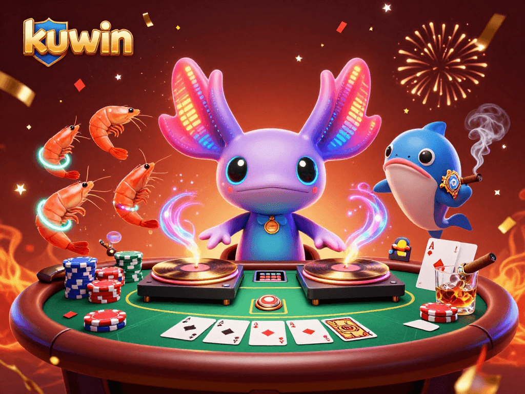 Experience the excitement of kuwin with a vibrant casino scene featuring an axolotl DJ, shrimp dancers, and poker elements.