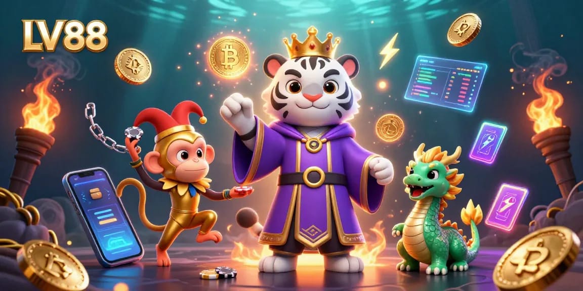 LV88 showcases an exciting casino world with a royal tiger, playful monkey, and jade dragon surrounded by glowing cryptocurrency elements.