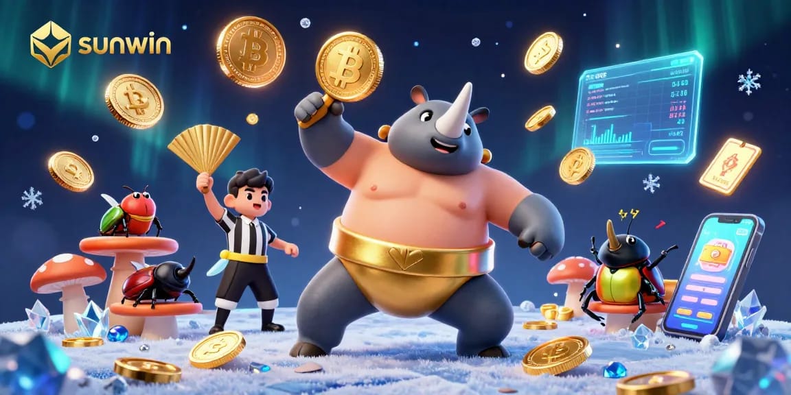 Engage with sunwin's thrilling games featuring lively 3D cartoon characters and crypto elements in a vibrant casino scene.