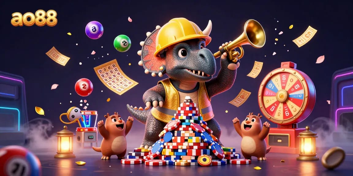 Engage with ao88 in a vibrant scene of poker chips, lottery visuals, and celebration.