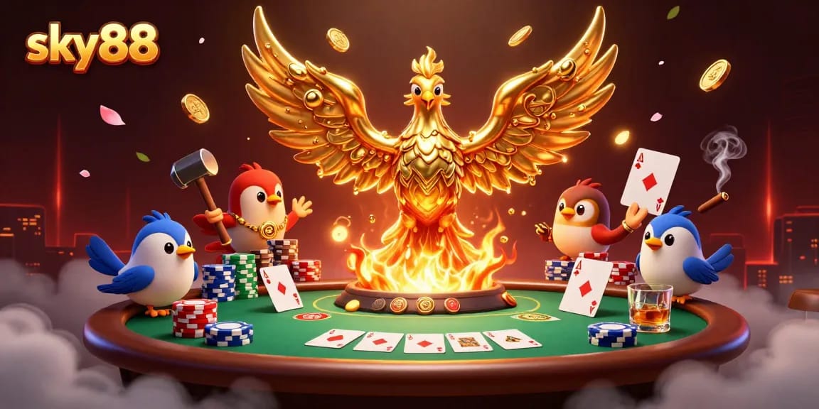 Engage with the vibrant sky88 casino scene featuring a golden phoenix, poker elements, and dynamic lighting.