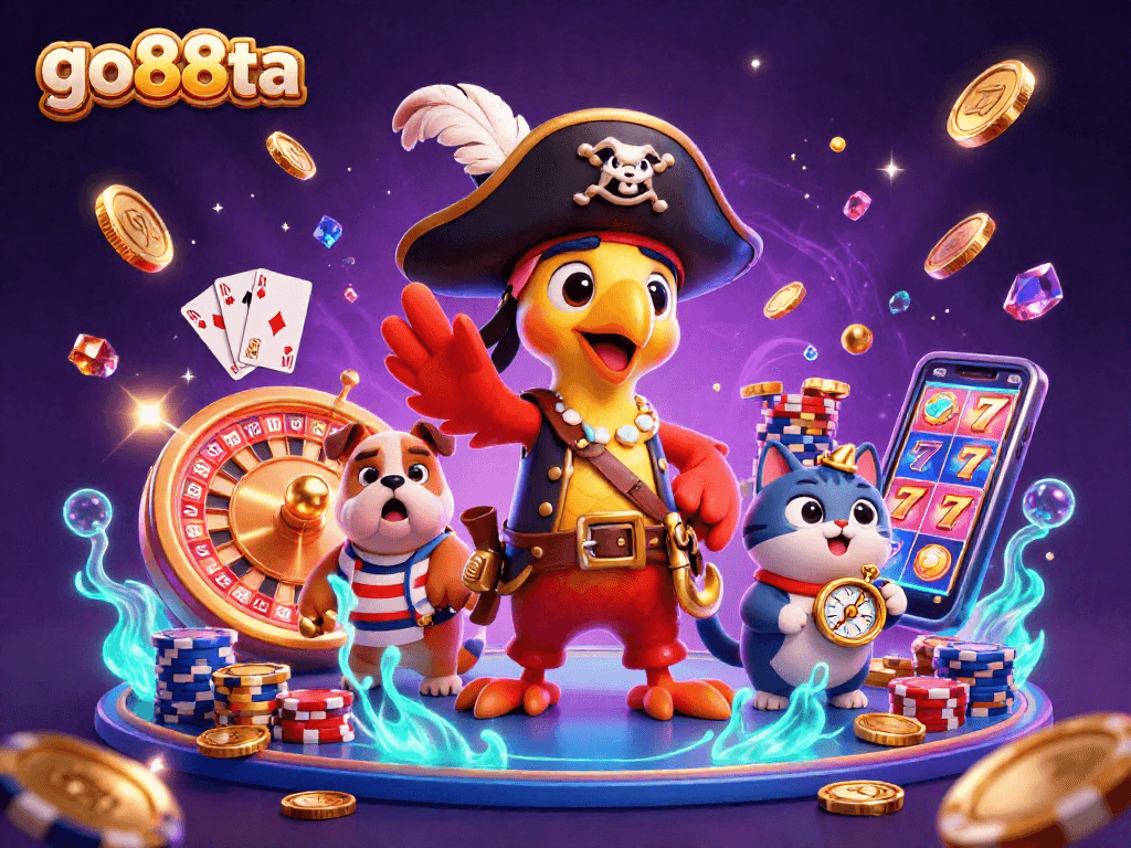 Experience the excitement at go88ta with lively 3D casino characters surrounded by cascading gold coins and dazzling gems.