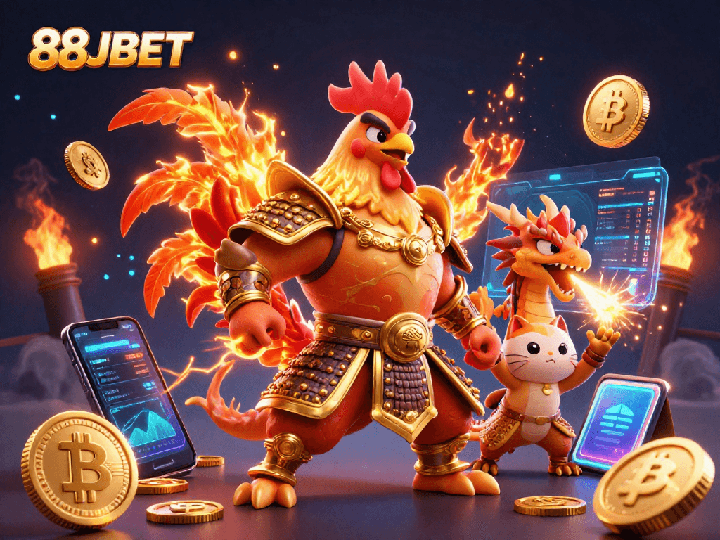 Engage with the dynamic 88JBET casino scene featuring a heroic rooster and vibrant dragon amidst crypto elements.