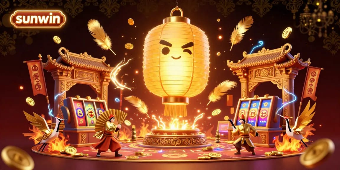Experience the thrill of slots and jackpots at sunwin with dynamic golden lanterns and warriors in an exciting casino scene.