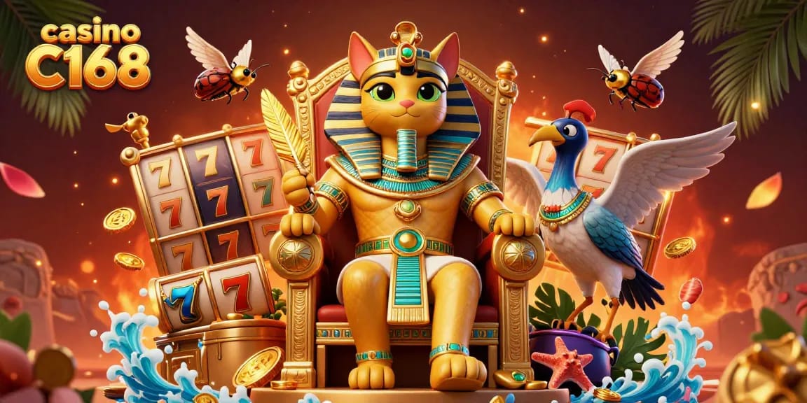 Experience the thrill of winning at casino C168 with a vibrant illustration featuring a pharaoh cat and dynamic gaming elements.