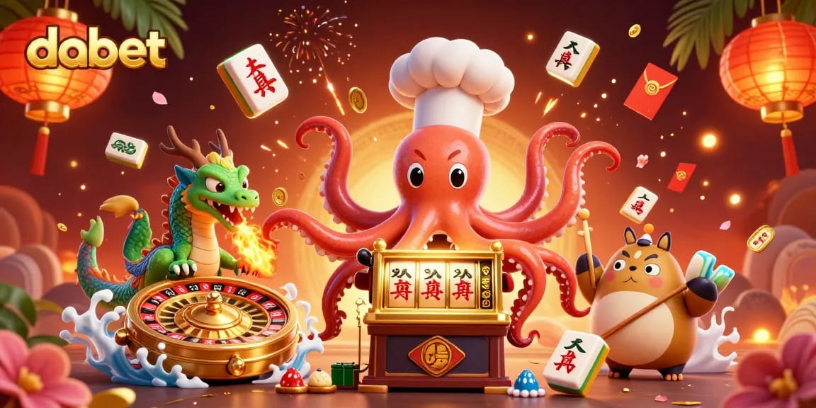 dabet engages players with a vibrant illustration of a chef octopus and dragon, celebrating casino excitement.