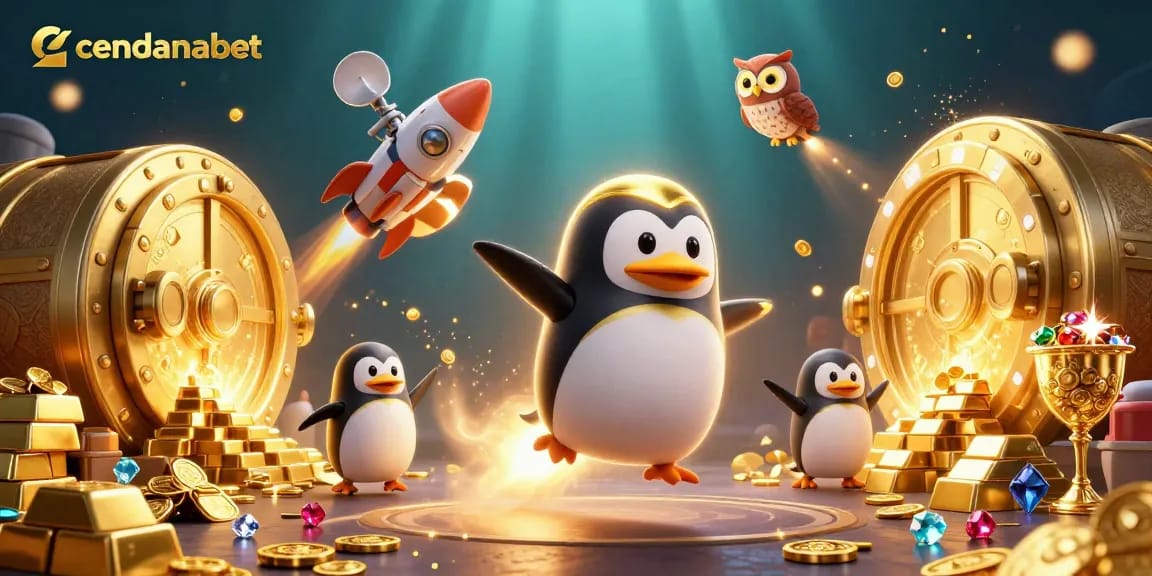 Cendanabet invites players into vibrant gaming worlds with a dynamic golden penguin and casino elements.