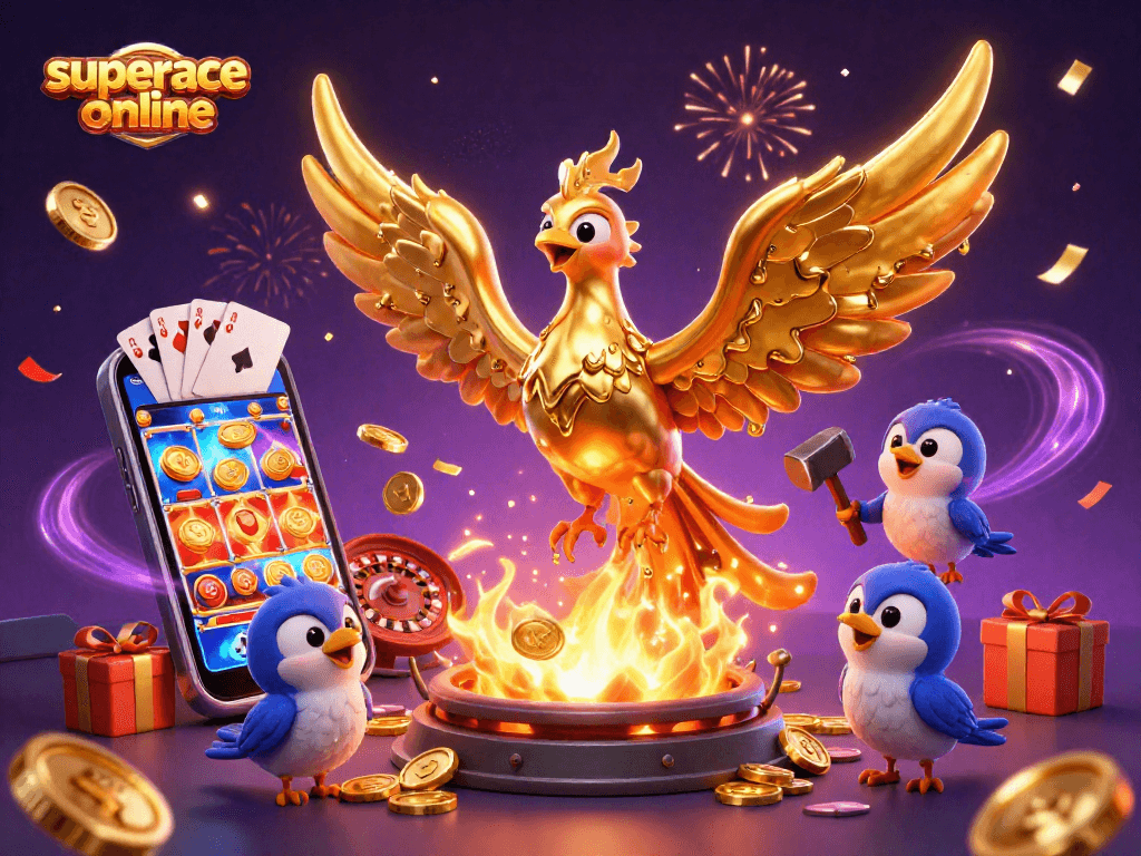 Spin the reels and win big in superace online with vibrant casino-themed illustration featuring gold phoenix.