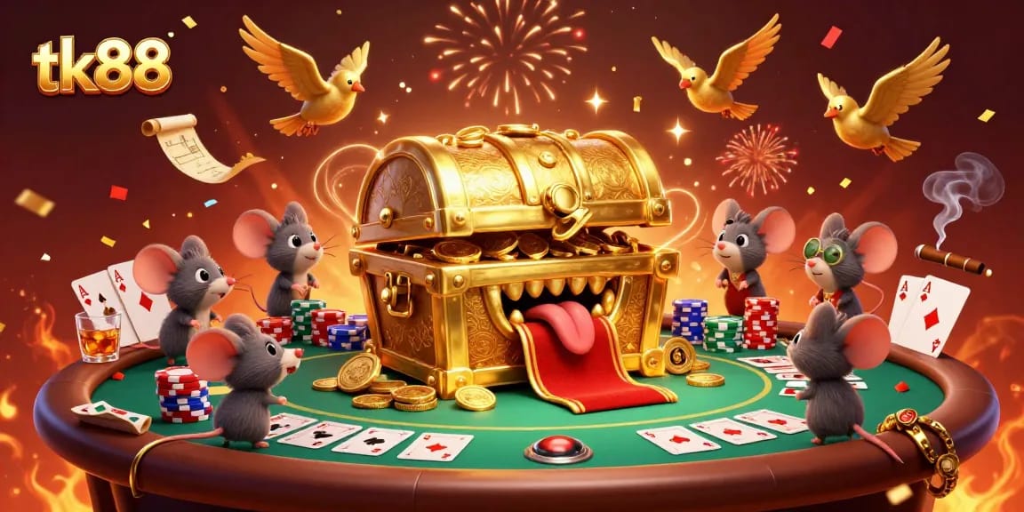 Experience thrilling gameplay at tk88 with a dynamic casino scene featuring adventurous mice and treasure.