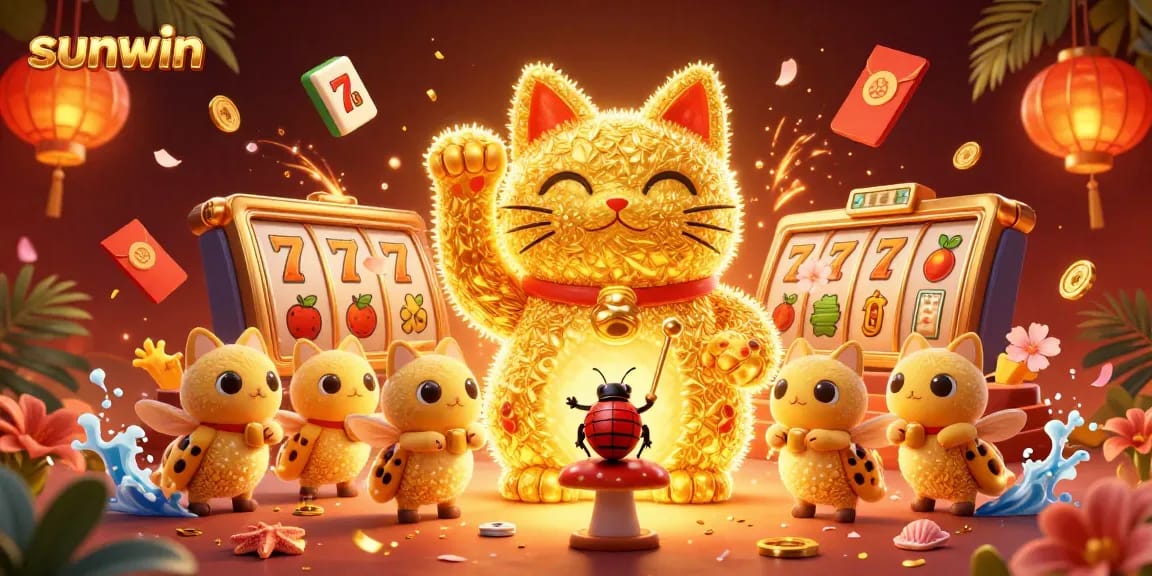 Experience thrilling wins with sunwin's giant lucky cat amidst vibrant casino elements.
