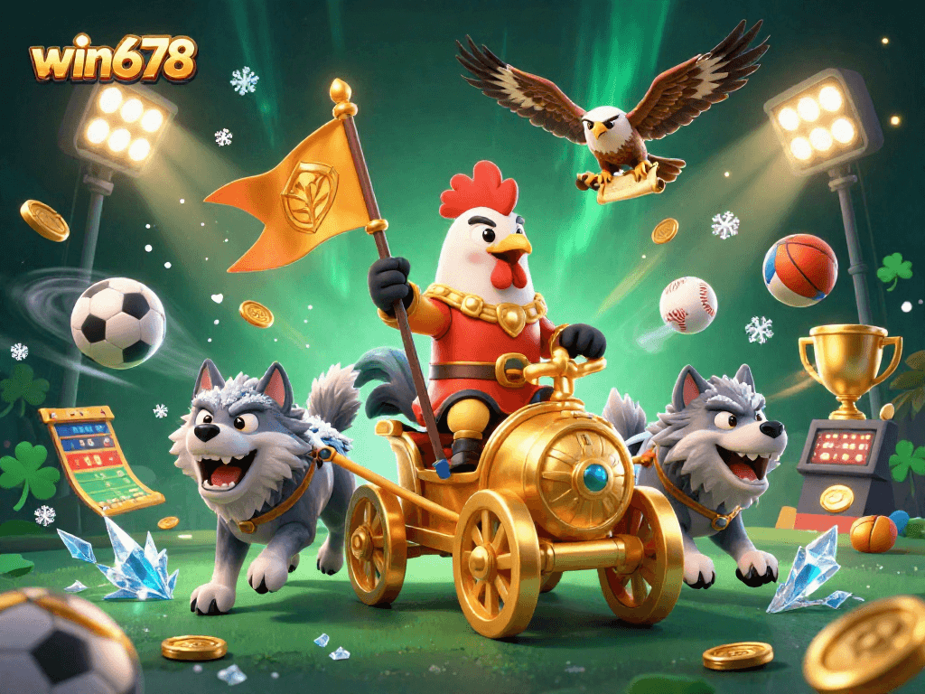 Win678 showcases a thrilling 3D casino adventure with cartoon rooster warlord and sports dynamics.