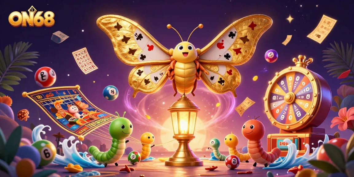 Experience thrilling games at ON68 with vibrant lottery elements and dynamic casino scenes.