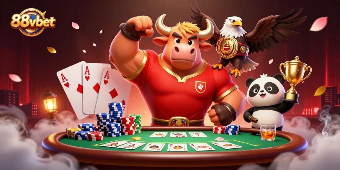 88vbet showcases a cartoon bull victory pose with poker elements in a vibrant casino scene.