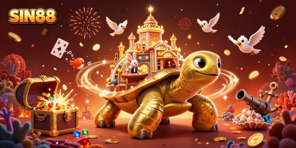 SIN88 brings excitement to gaming with a golden tortoise casino scene featuring big wins and celebrations.