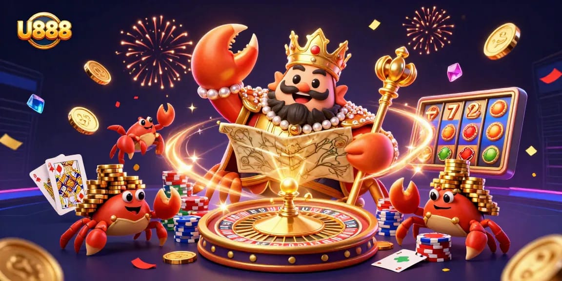 Play exciting games at U888, featuring a cartoon crab emperor amidst sparkling gems and gambling elements.
