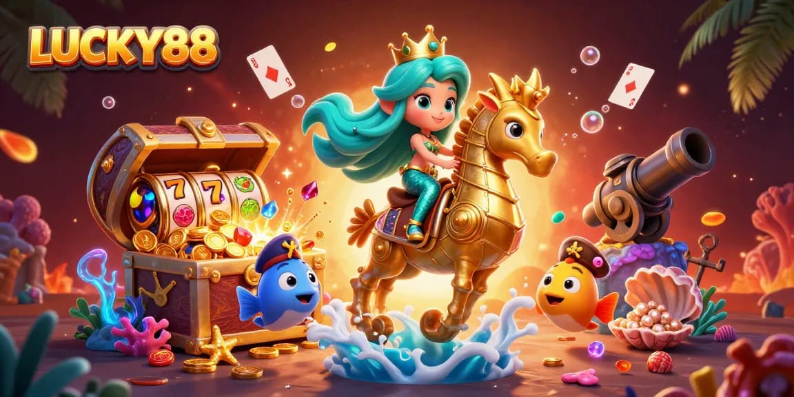 Experience jackpot thrills with LUCKY88 in an enchanting underwater slot scene filled with treasures.