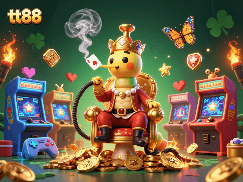 Experience the excitement of tt88 with a vibrant 3D digital casino scene featuring unique characters and gaming elements.