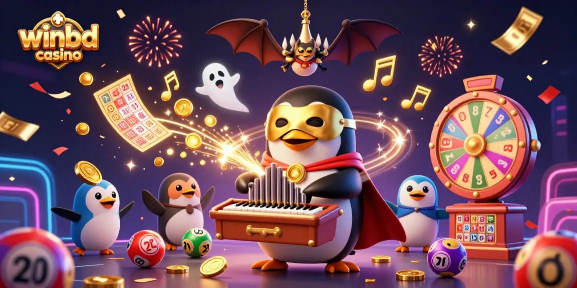 Experience excitement at winbd casino with a phantom penguin playing organ as coins rain down.