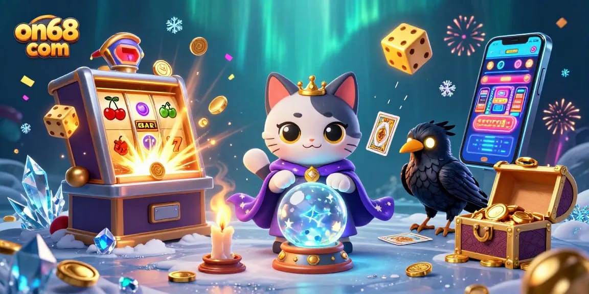 Experience thrilling gameplay at on68 com with a mystical cat and raven in a vibrant casino scene.