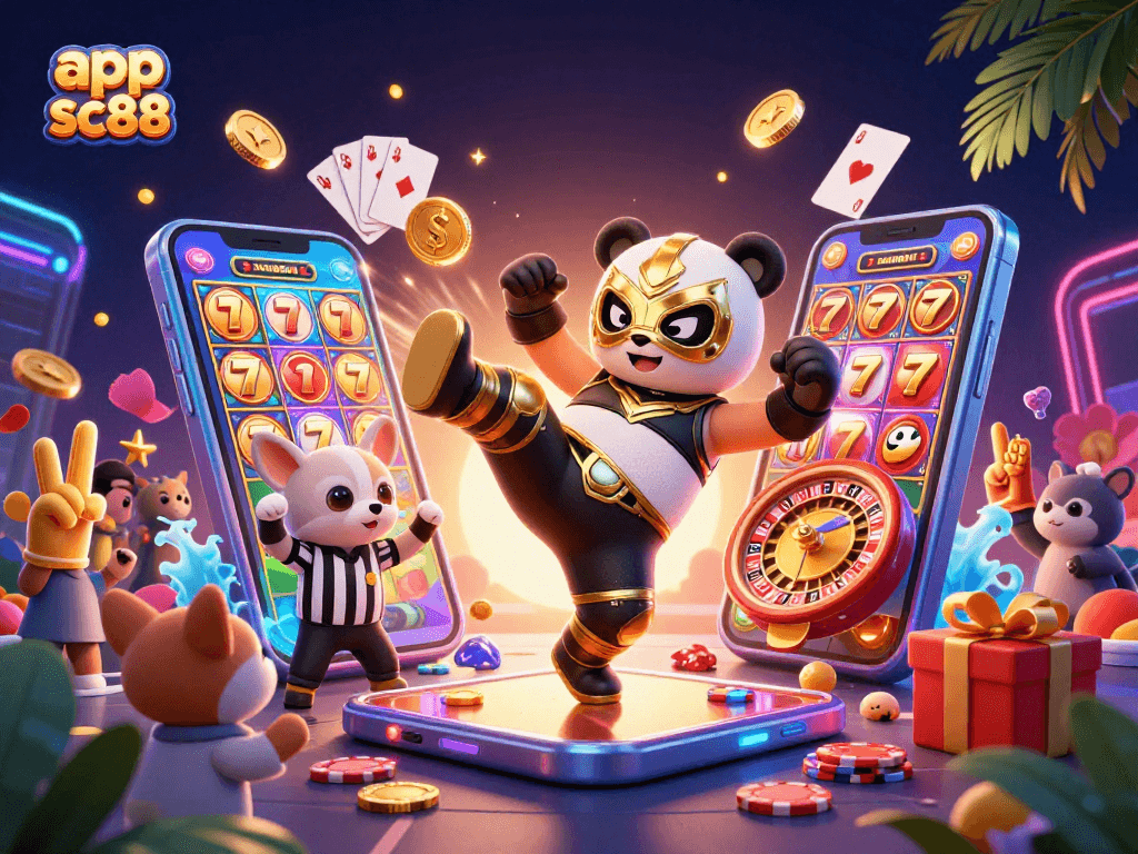 Engage with the app sc88 as panda wrestles in a vibrant casino scene filled with slot games.