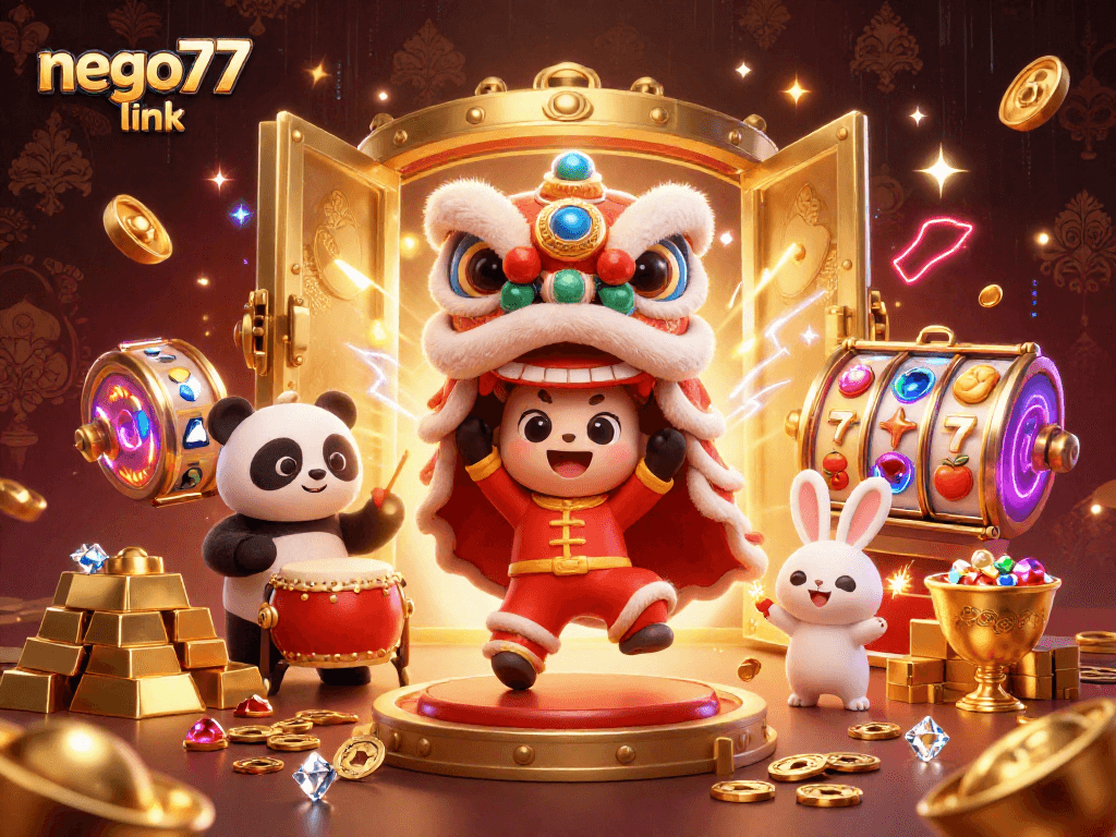 Engage with the vibrant nema77 link scene featuring a lucky lion dance amid glittering gold schemes.
