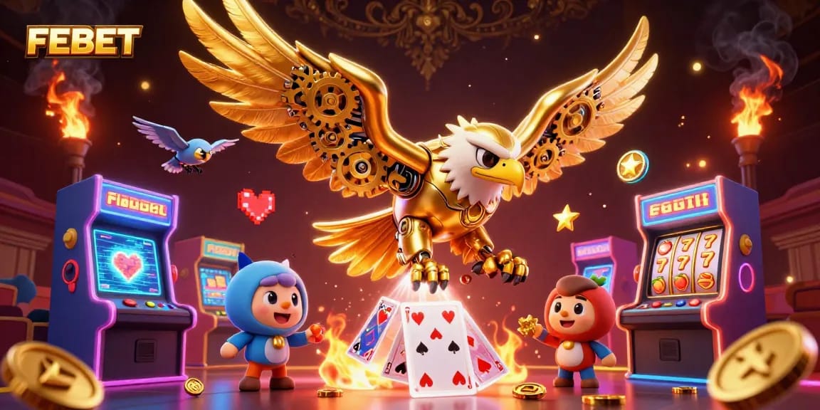 Experience the thrill of FEBET with a golden eagle diving through holographic cards in a vibrant casino scene.