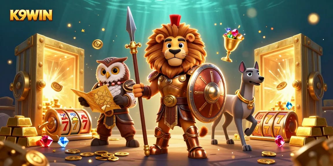 K9WIN slots and jackpots come alive in this vibrant 3D casino scene.
