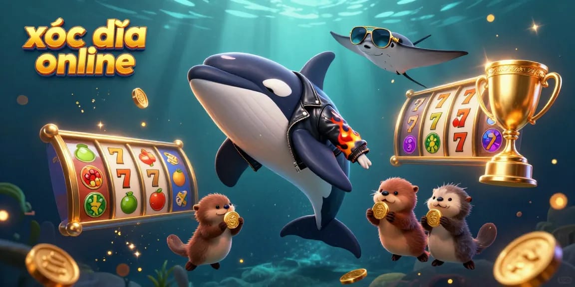 Xóc đĩa online vibrant scene with 3D characters winning big with slots and golden coins.