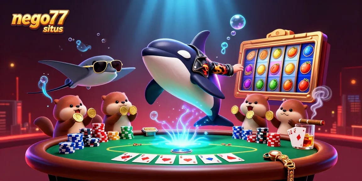 Experience thrilling gameplay at nego77 situs, showcasing animated sea creatures in a vibrant casino atmosphere.