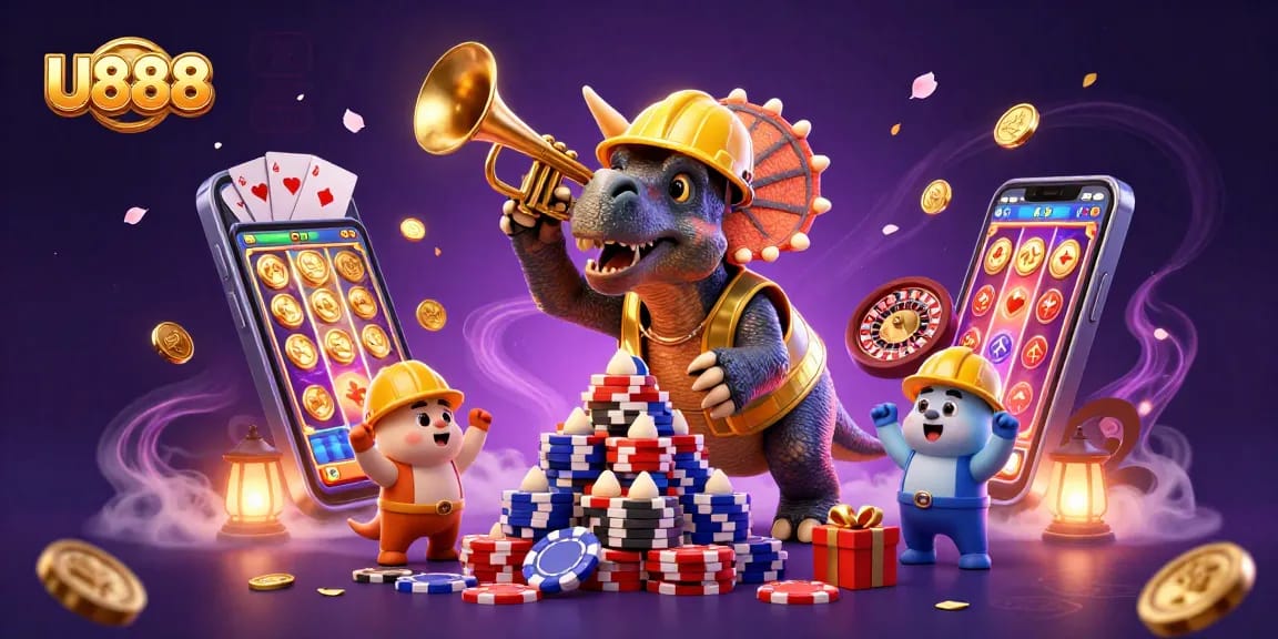 Celebrate U888 with a colorful 3D illustration of a triceratops building poker chips.