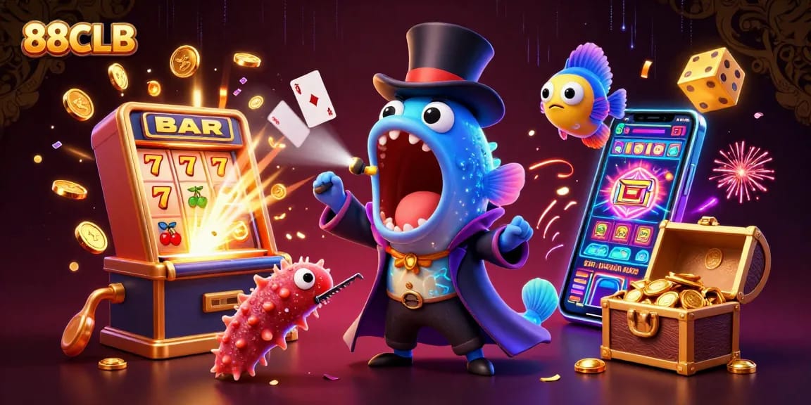88CLB features a playful scene with sea characters performing magic acts among casino elements, showcasing excitement.