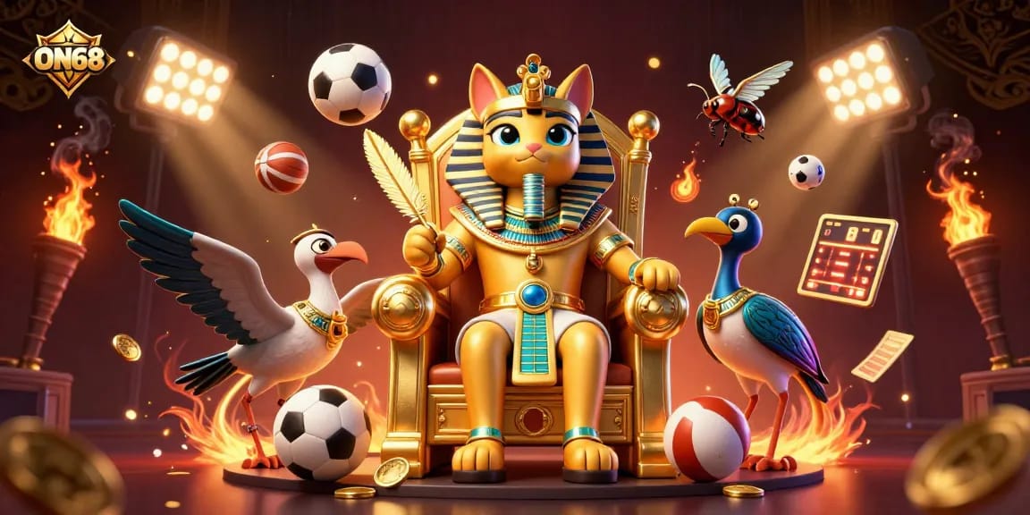 Engage in thrilling gameplay at ON68 with dynamic action featuring a pharaoh cat and sports elements.