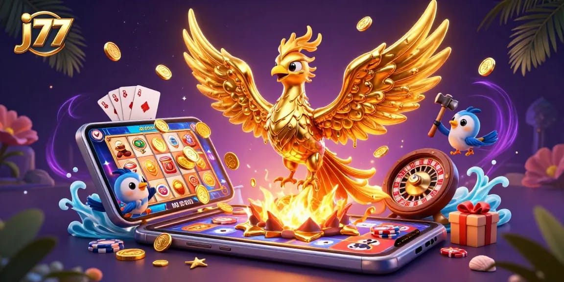 Experience excitement with j77 as a phoenix creates coins, slot games, and more in this vibrant casino scene.