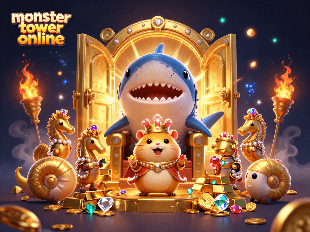 Engage in monster tower online with a fierce golden hamster king and treasure overflowing in a dynamic scene.