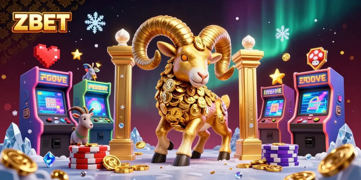 ZBET showcases a massive golden ram charging through a dynamic casino scene filled with gaming excitement and vibrant elements.