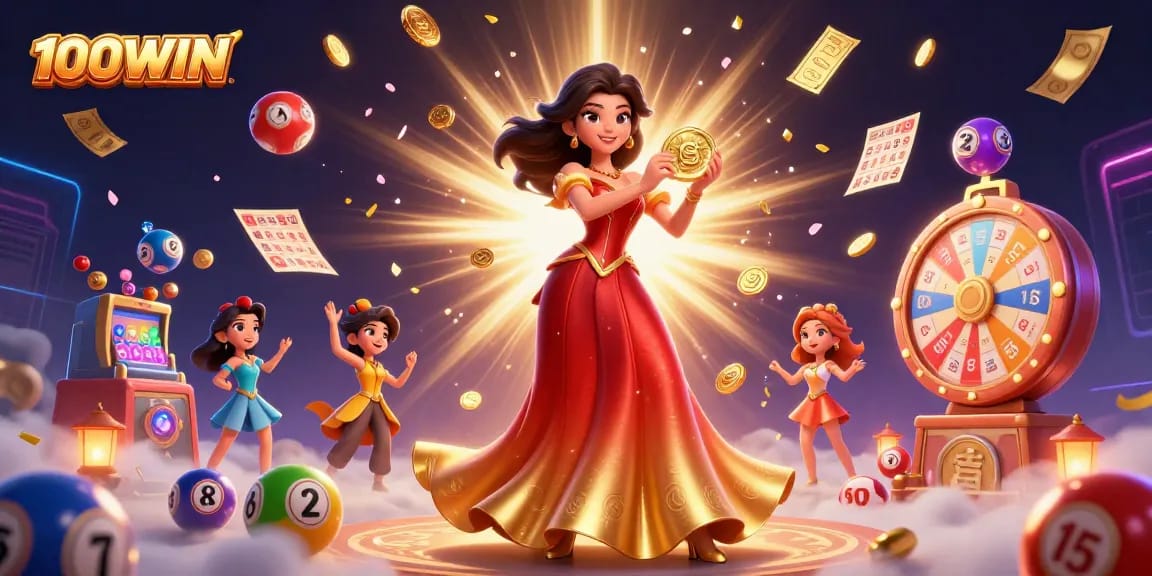 100WIN showcases an elegant Asian character in a glamorous gown, immersed in a lively lottery scene.