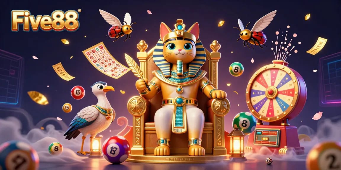 Engage with Five88’s vibrant 3D casino scene featuring an Egyptian pharaoh cat among dynamic gaming elements.