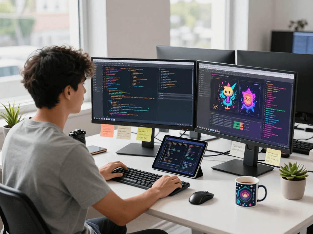 Engaging tech workspace with a developer focused on nsfw ai code and vibrant AI graphics.