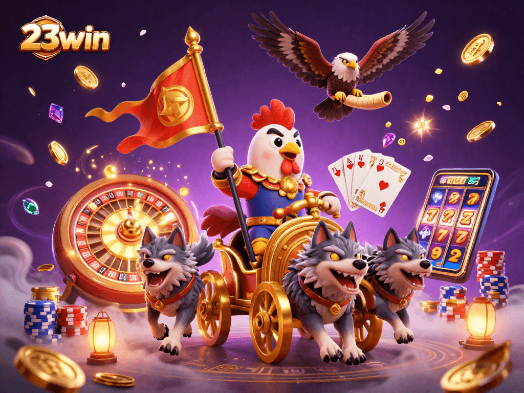 Win big with 23win's dynamic casino scene featuring a rooster warlord and sparkling game elements.