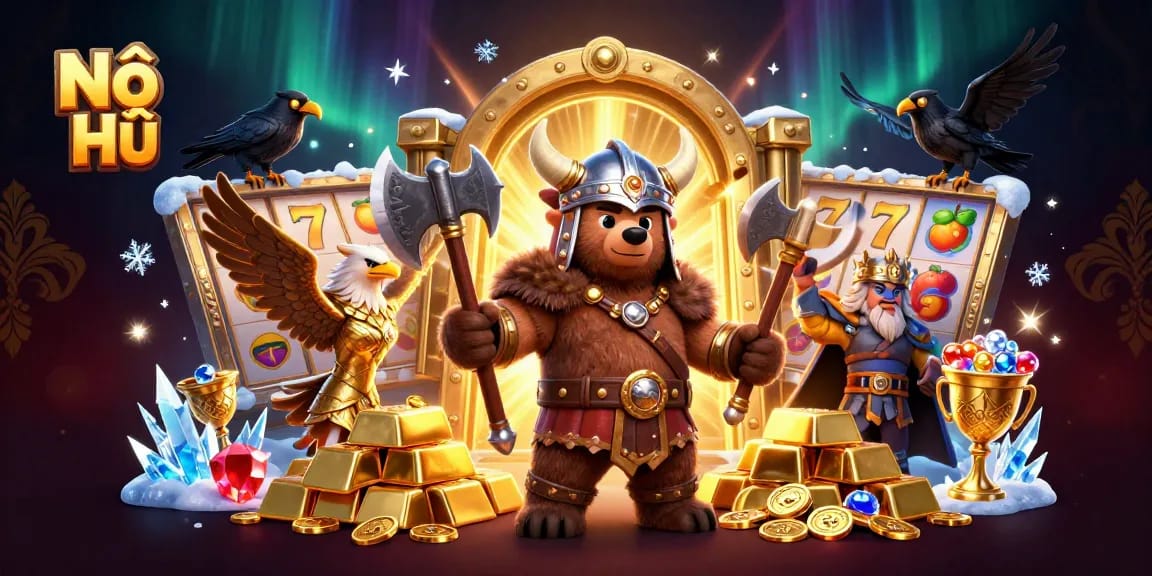 Nổ Hũ slot game scene featuring a Viking bear and Valkyrie eagle among dynamic casino elements.