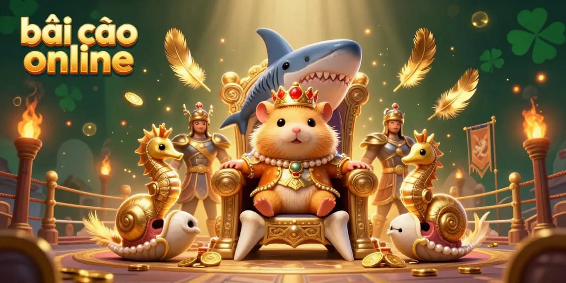 Experience the thrill of bài cào online with an energetic illustration showcasing a golden hamster king and vibrant game elements.
