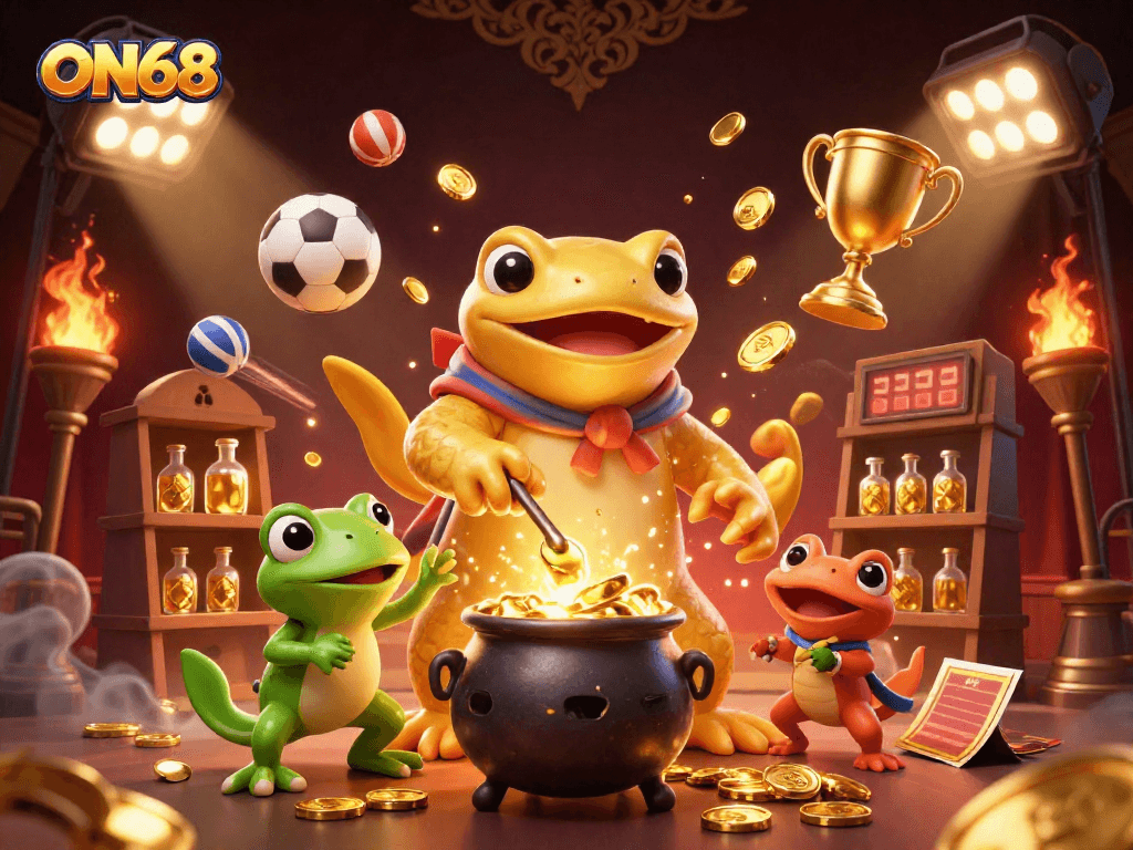 Experience thrilling wins with ON68, featuring a golden salamander alchemist and dynamic sports elements.