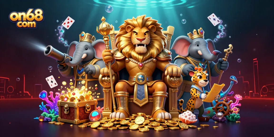 Experience thrilling gaming with on68 com, featuring fierce lion king and vibrant underwater treasures.