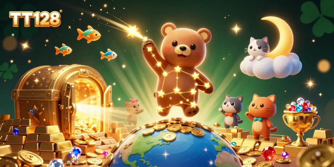 Experience thrilling wins at TT128 with a vivid 3D casino scene filled with treasures and lucky symbols.