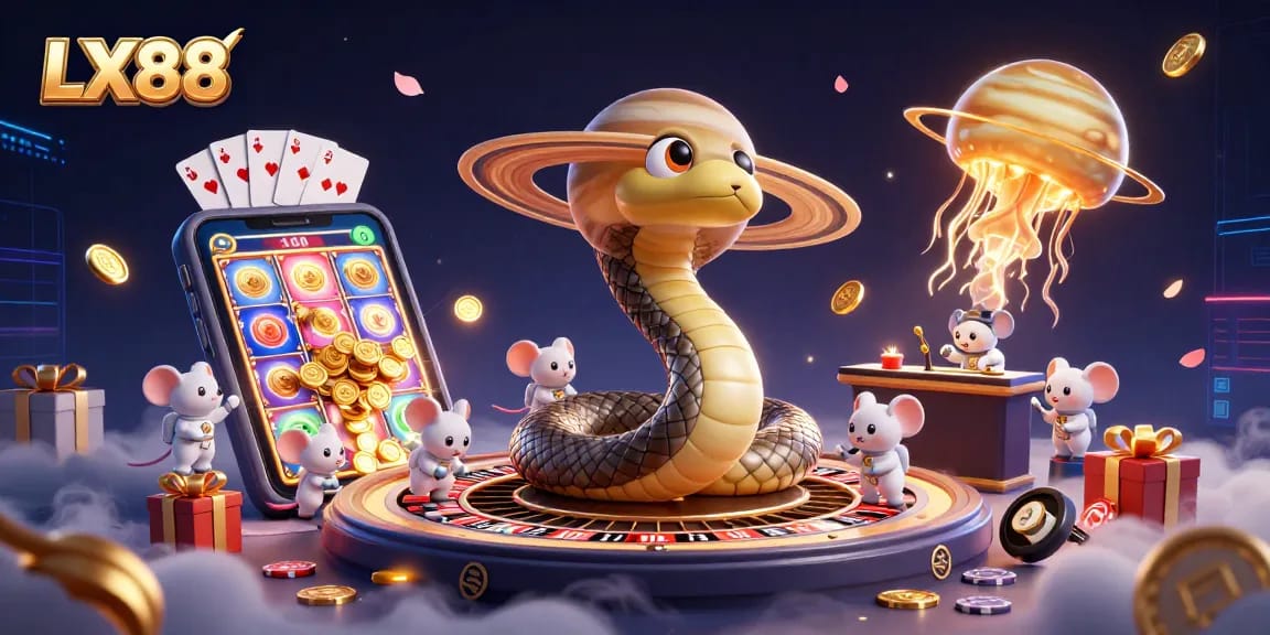 Experience LX88's thrilling cosmic casino scene with animated characters and multiple gaming elements.