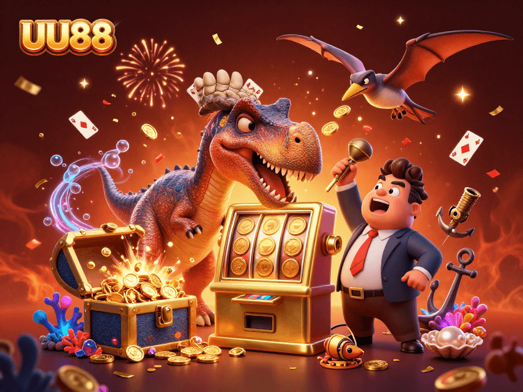 UU88 casino scene showing a pachycephalosaurus at a slot machine, coins flying everywhere.